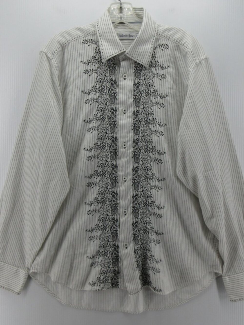 Bullock & Jones Shirt Medium White Button Up Pinstripe Embroidered *